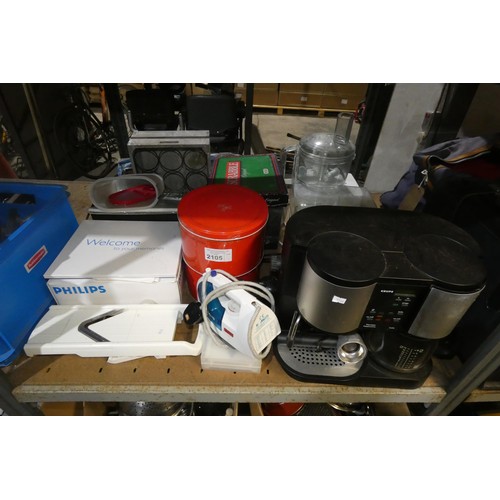 2105 - A quantity of various household items including a Krups coffee machine 240v, table lamps, a Philips ... 