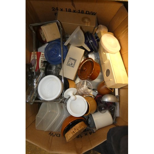 2110 - A quantity of various household items including a Team bread maker 240v, a table lamp,  suitcase, ki... 