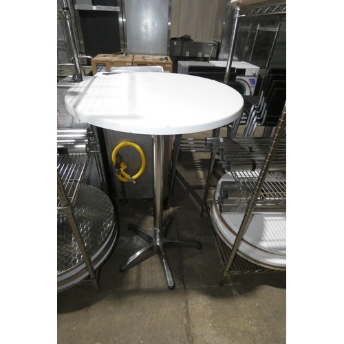 1099 - 6 x tall round white cafe type tables approx 70x108cm, 1 made for display, 5 require assembly