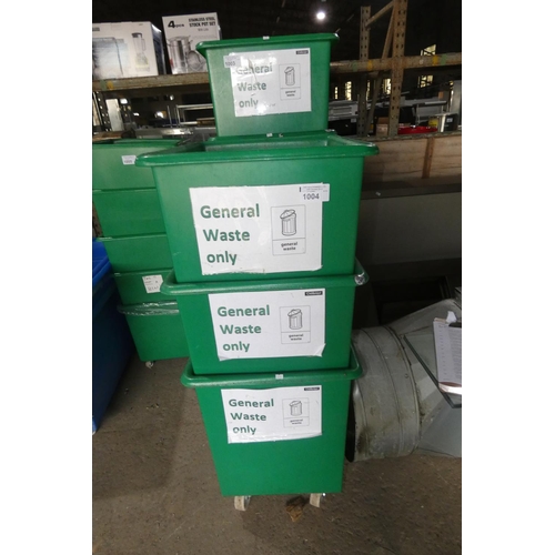 1004 - 3 x mobile green plastic recycling/bottle bins approx 62x54x72cm