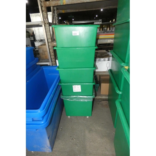 1005 - 5 x mobile green plastic recycling/bottle bins approx 46x46x50cm