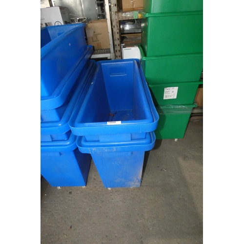 1006 - 2 x mobile blue rectangular plastic recycling/bottle bins approx 101x42x62cm