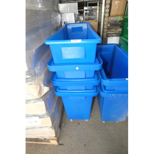 1007 - 4 x various mobile blue rectangular plastic recycling/bottle bins approx 101x42x62cm