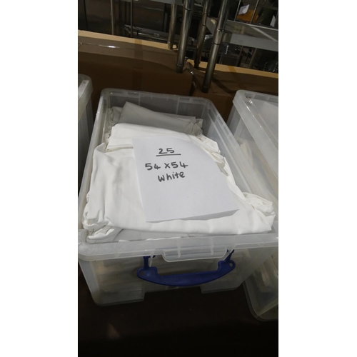 1045 - A quantity of 25 white table cloths approx 54x54, contents of 1 plastic crate