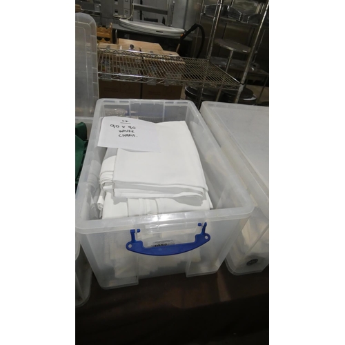 1052 - A quantity of 17 white table cloths approx 90x90, contents of 1 plastic crate