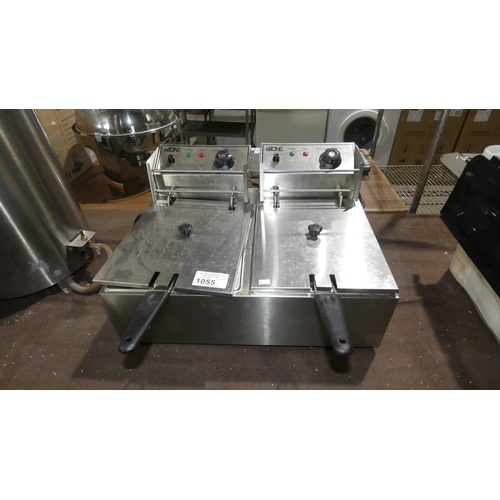 1055 - A commercial stainless steel counter top twin basket deep fryer by Ezone 240v -  trade