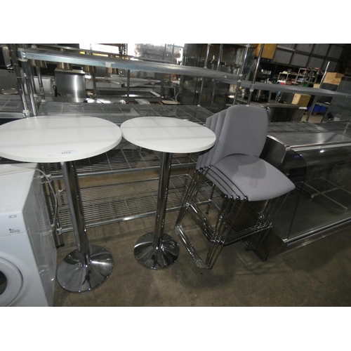 1113 - 4 x tall grey upholstered stools and 2 tall round cafe type tables