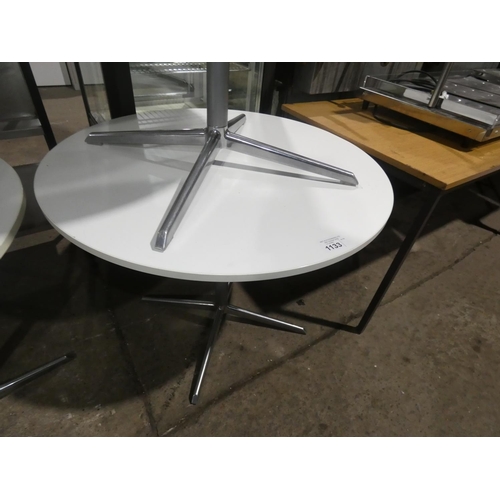 1133 - A white round cafe type table with metal pedestal base approx 90cm