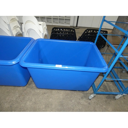 1138 - A large blue mobile bottle bin approx 100x70x72