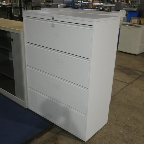 1193 - A white metal four drawer lateral filing cabinet approx 100 x 47 x 133cm high