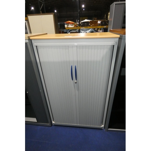 1220 - A grey metal tambour front office storage cabinet with wood effect top approx 80 x 46 x 132cm high