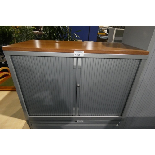 1225 - 1 silver metal tambour front storage cabinet with dark wood effect top approx 100 x 48 x 72cm high