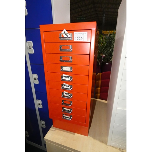 1229 - A red metal 10 drawer index type cabinet approx 28 x 40 x 71cm high