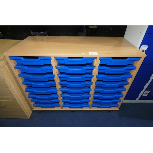 1233 - A wood effect wheeled cabinet approx 103 x 46 x 79cm high containing 24 Gratnells blue plastic trays