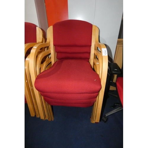 1244 - 4 wood framed stacking chairs with burgundy upholstered seat and back