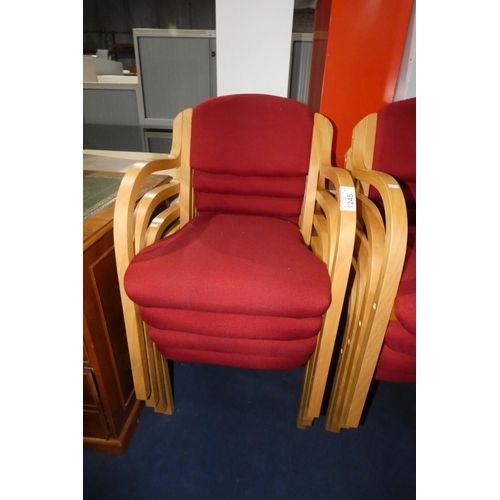 1245 - 4 wood framed stacking chairs with burgundy upholstered seat and back