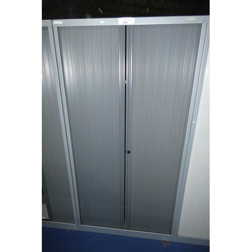 1267 - 1 grey metal tambour front office storage cabinet approx 99 x 47 x 197cm high