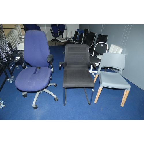 1295 - 1 x blue upholstered office swivel chair, 1 black mesh cantilever office chair and 2 grey plastic st... 