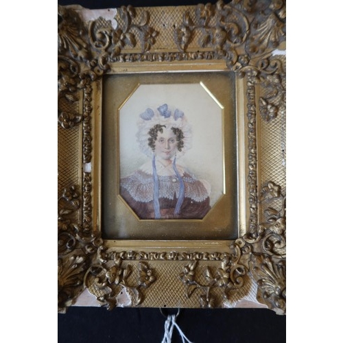 3008 - English School 19th Century, Portrait Miniature, Mrs Sarah Ibbott, watercolour on card, square, in a... 