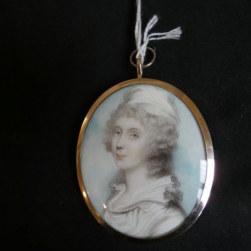 3037 - English School 19th Century, After Andrew Plimer, portrait miniature of a lady wearing a white dress... 