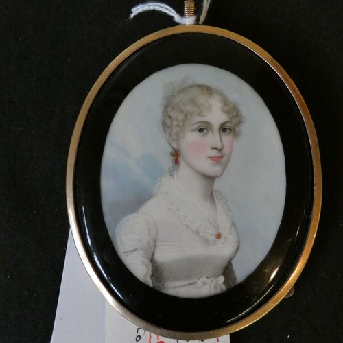 3050 - English School 19th Century, Manner of Fredrick Buck, portrait miniature of a lady in a white dress,... 