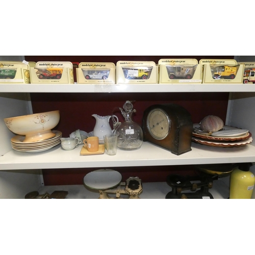 3076 - A wooden cased domed top mantel clock and a quantity of miscellaneous china and glassware etc (one s... 