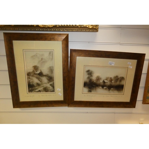 3159 - 2 framed pictures of cottages in the mist