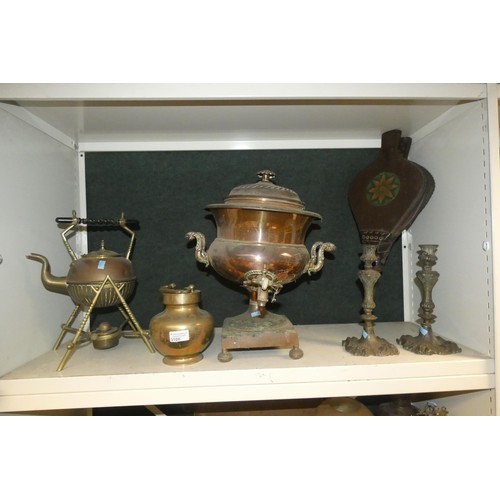 3100 - A large vintage copper samovar, a pair of fire bellows, a decorative brass spirit kettle, various gl... 