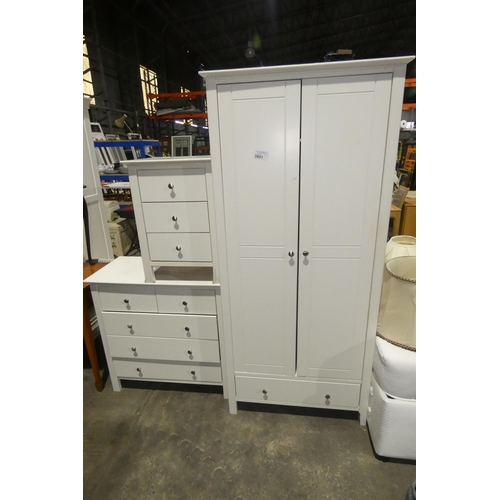 A modern white bedroom suite comprising of a wardrobe bedside