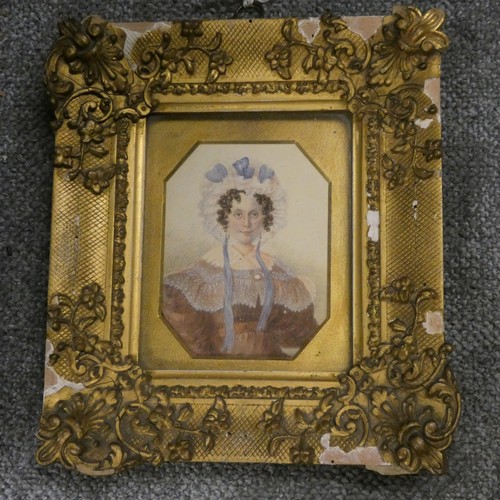 3008 - English School 19th Century, Portrait Miniature, Mrs Sarah Ibbott, watercolour on card, square, in a... 