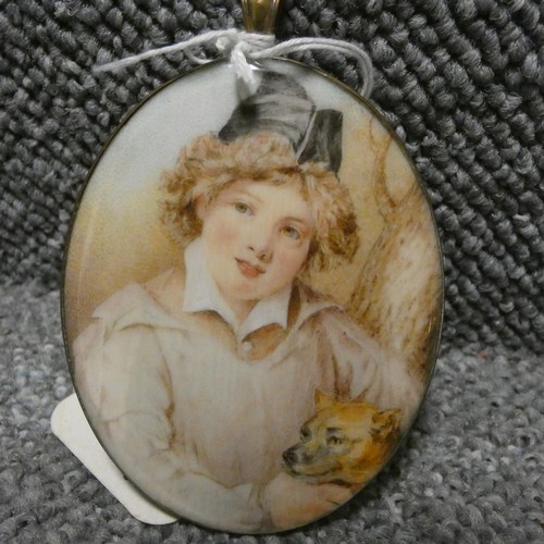 3044 - English School late 19th Century. Portrait miniature of young boy with a dog, watercolour on Ivory, ... 