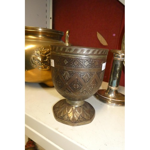 3092 - A large copper samovar with brass tap, a stained glass leaded panel, a large oriental embossed brass... 