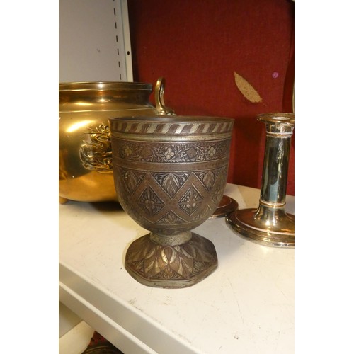 3092 - A large copper samovar with brass tap, a stained glass leaded panel, a large oriental embossed brass... 