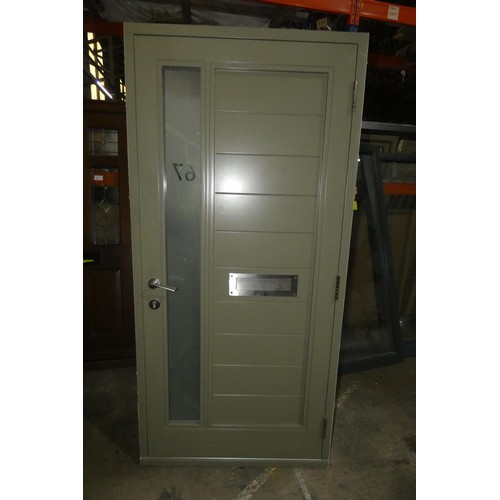 8 - An engineered Redwood timber external door in frame, colour is maroon outside / light green inside, ... 