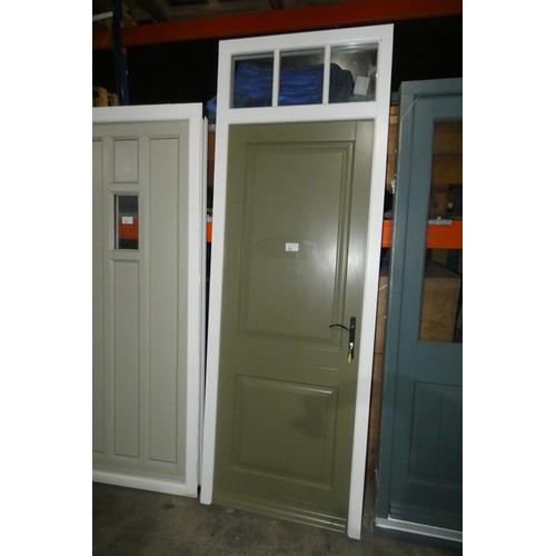 24 - An engineered Redwood timber external door in frame with a top light, colour of door is Olive with w... 