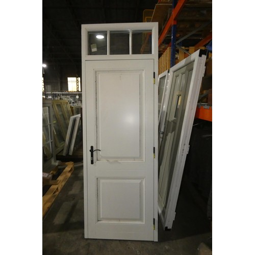 24 - An engineered Redwood timber external door in frame with a top light, colour of door is Olive with w... 