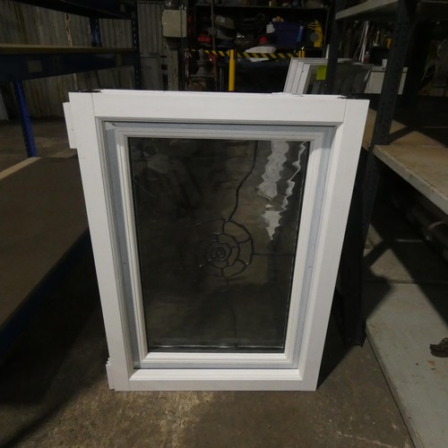 87 - A small PVC double glazed window with decorative glass, colour is white both sides, overall size of ... 