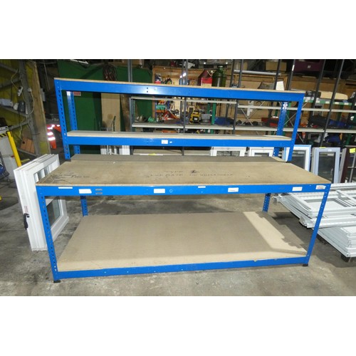 92 - A blue metal workbench / packing bench approx 245 x 92cm with a full size shelf below and 2 smaller ... 