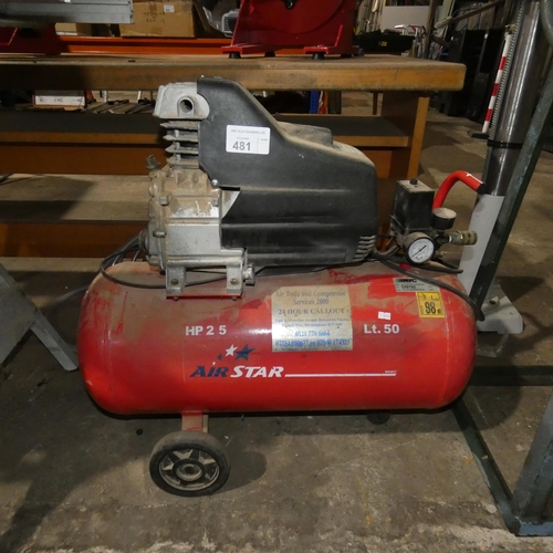 481 - A compressor by ABAC type Air Star, HP2.5, 50 Lt, 240v supplied with a length of air hose