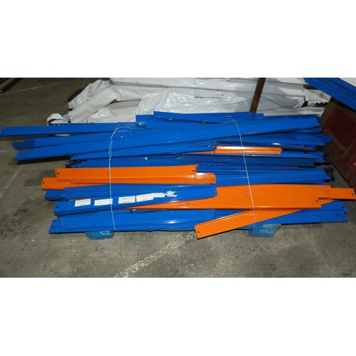 99 - A quantity of various blue / orange metal boltless racking parts and a quantity of various chipboard... 