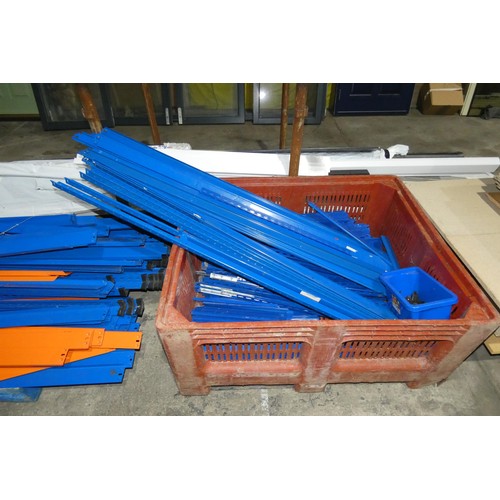 99 - A quantity of various blue / orange metal boltless racking parts and a quantity of various chipboard... 