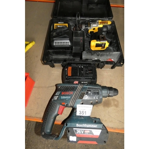 351 - 1 Bosch cordless hammer drill supplied with 2 x 36v batteries but no charger and 1 Dewalt cordless d... 