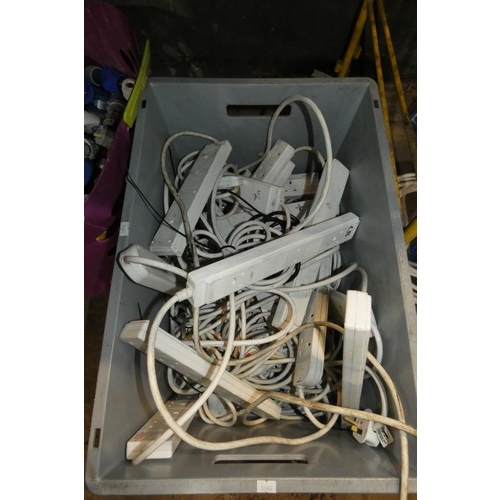 160 - A quantity of various multi way extension leads, plugs etc. Contents of 1 shelf