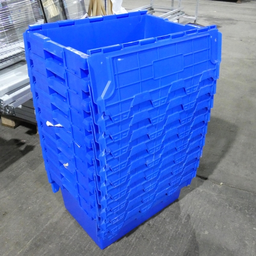 624 - 10 x blue plastic stacking crates with fold over interlocking lids, each approx 70 x 46 x 35cm high