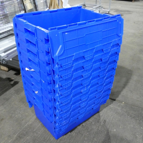 625 - 10 x blue plastic stacking crates with fold over interlocking lids, each approx 70 x 46 x 35cm high