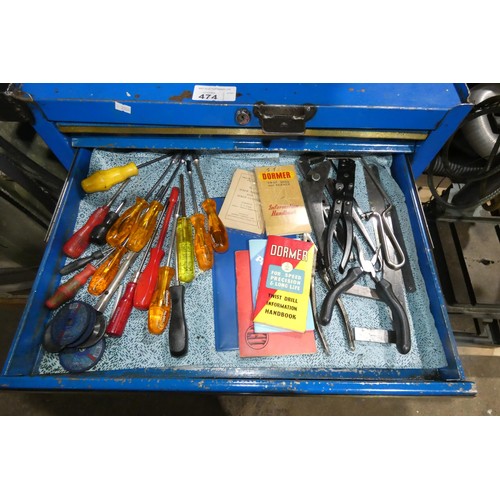 474 - A blue metal six drawer wheeled workshop tool cabinet approx 67 x 45 x 91cm high containing a quanti... 