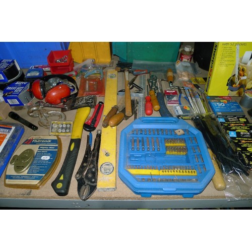 484 - A large quantity of various tools and other items including whet stones, rolls of tape, 2 axes, flap... 