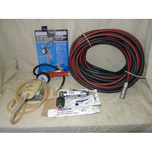 486 - 3 air tools and 2 lengths of air hose with fittings attached comprising 1 x Sealey air line gauge wi... 