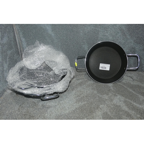 1033 - 5 x unused 2 handled frying pans/skillets