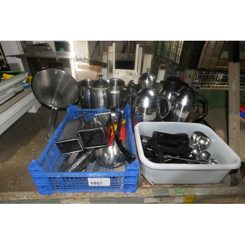 1057 - A quantity of various catering related items including insulated pots, utensils etc, crate not inclu... 